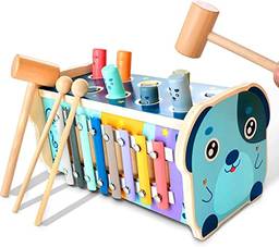 GKPLY Montessori madeira martelando brinquedo para crianças de mais de 12 meses, brinquedo de desenvolvimento inicial do bebê com banco de martelar, xilofone, labirinto de classificação de números, pr