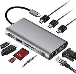 Hub USB C 3.0 Docking Station 10 em 1 para Gigabit Ethernet Hub de Computador PD de áudio HUB