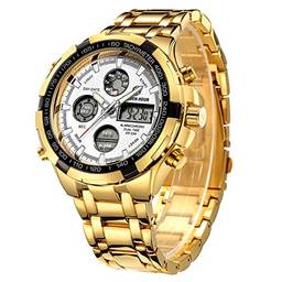 Relógio digital analógico de aço inoxidável de luxo Gold Hour masculino esportivo à prova d'água grande e pesado, gold white