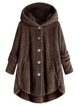 JMSUN Casaco feminino quente para outono e inverno com capuz fofo plus size alto baixo Teddy coat (Marrom, M)