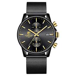 Relógio masculino fashion esportivo de quartzo analógico de malha de aço inoxidável à prova d'água cronógrafo relógios, data automática em mãos douradas, cor: preto