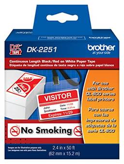 Brother Etiquetas de substituição de comprimento contínuo DK-2251, etiqueta preta/vermelha em fita de papel branca, projetadas com excelência, 6 x 15 m, 1 rolo por caixa