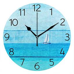 Relógio de parede My Daily Sailboat azul oceano náutico 24 cm silencioso sem tique-taque, operado por bateria, relógios de parede redondos decorativos para cozinha, quarto, sala de estar