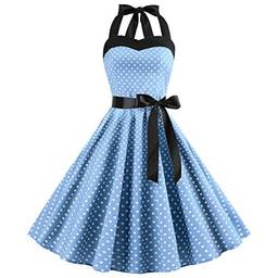 Vestido Feminino Vintage de Bolinhas Vestido de Festa de Gala Anos 50 Audrey Hepburn Azul M