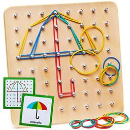 Geoboard de madeira - Brinquedos Montessori para crianças de 3 4 5 anos, Brinquedo educativo com 30 cartões de padrões e 40 elásticos para criar figuras, Brain Teaser STEM Toy Geo Board