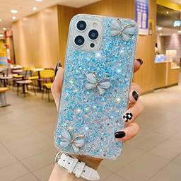 Capa compatível com iPhone 13 borboleta, Shinymore bonita 3D borboleta glitter à prova de choque macia silicone meninas mulheres capa compatível com iPhone 13 - azul