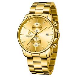 GOLDEN HOUR Relógios masculinos modernos de negócios com cronógrafo, de aço inoxidável, à prova d'água, quartzo, para homens, data automática, Ouro, ouro