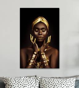Tela Quadro Mulher Negra Africana Dourado Decoração Quarto Sala Escritório 100x60cm