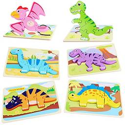 Pacote de 6 quebra-cabeças de madeira de dinossauro para crianças meninos e meninas, blocos de quebra-cabeça educativos brinquedos pré-escolares presentes do jardim de infância?R????????????