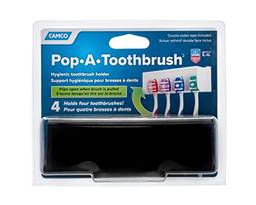 Camco Um suporte de parede Pop-A-Toothbrush com capa protetora de germes, perfeito para viagens, banheiros de dormitório e mais, comporta 4 escovas de dente (preto) (57207)