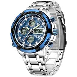 Relógio digital analógico de aço inoxidável de luxo Gold Hour masculino esportivo à prova d'água grande e pesado, silver blue