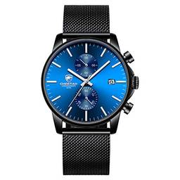 Relógio masculino fashion esportivo de quartzo analógico de malha de aço inoxidável à prova d'água cronógrafo relógios, data automática em mãos prateadas, cor: preto e azul
