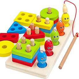 GKPLY Montessori Toys Classificação de madeira empilhamento & Jogo de Pesca Magnético 2-em-1 Brinquedos para 1 2 3 Anos Crianças Meninos Meninas Reconhecimento de Cores Empilhador Forma Sorter Que