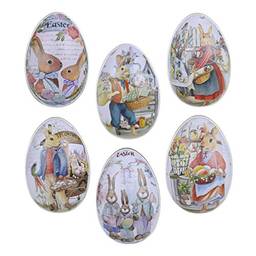Toyvian Caixa de doces em forma de ovo de Páscoa com 6 peças, caixa de lata de metal de liga de coelho, decoração de Páscoa, 12,5 x 8,5 x 9 cm