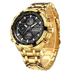 Relógio digital analógico de aço inoxidável de luxo Gold Hour masculino esportivo à prova d'água grande e pesado, gold black