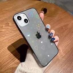 Capa compatível com iPhone 13 Pro Max, estampa de coração com glitter a laser transparente para mulheres e meninas, moderna, macia, flexível, durável, capa de TPU - preta