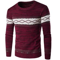 Suéter masculino de malha WSLCN com estampa asteca e manga comprida, gola redonda, Burgundy, L
