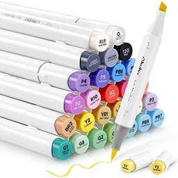 Ohuhu Conjunto de marcadores de arte com álcool, ponta dupla marcador de esboço, marcadores de pincel à base de álcool, vem com 1 liquidificador para esboços, 24 cores básicas