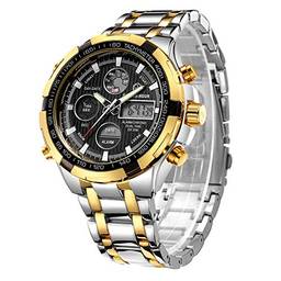 Relógio digital analógico de aço inoxidável de luxo Gold Hour masculino esportivo à prova d'água grande e pesado, silver gold black