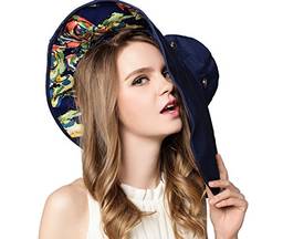 WSLCN chapéu feminino de aba larga com proteção solar dobrável, Dark Blue, tamanho ?nico