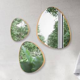 Trio Espelho Decorativo Vidro Organico com Moldura de Couro Suspenso DOURADO