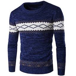 Suéter masculino de malha WSLCN com estampa asteca e manga comprida, gola redonda, Dark Blue, L