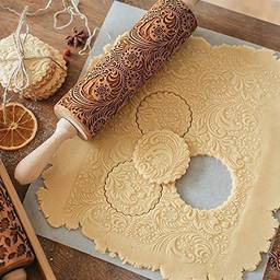 FANZHOU Rolo de massa de madeira, em relevo com motivos natalinos; para biscoitos, tortas, massa folhada