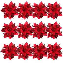 Toyvian 12 peças de flores de Natal artificiais de poinsétia vermelha com 12 clipes e 12 peças de enfeites de árvore de Natal com glitter para decoração de Natal e festa de casamento