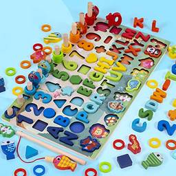 Cigooxm Brinquedo de pesca magnética infantil Educação infantil Placa logarítmica de madeira Número de quebra-cabeça de forma de classificação para crianças pré-escolares