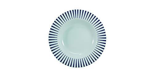 Estojo com 6 pratos fundos. Modelo redondo aba larga. Decoração sol azul. Fabricado pela porcelana schmidt.