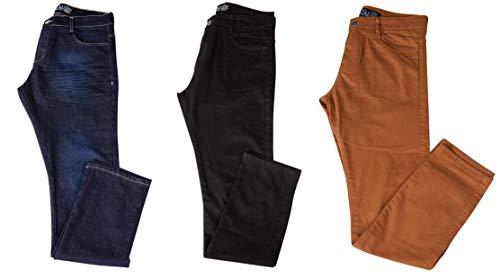 Kit com 3 Calças Jeans Sarja Masculina Skinny Slim com Lycra - Jeans Escuro, Preta e Caqui - 44