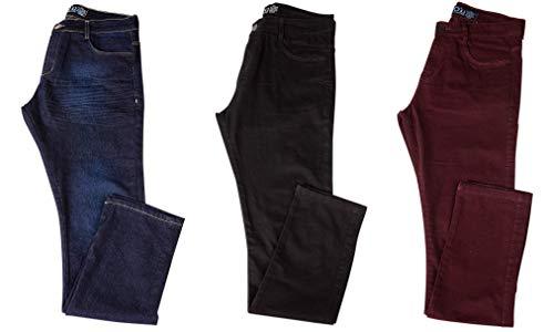 Kit com 3 Calças Jeans Sarja Masculina Skinny Slim com Lycra - Jeans Escuro, Preta e Vinho - 40