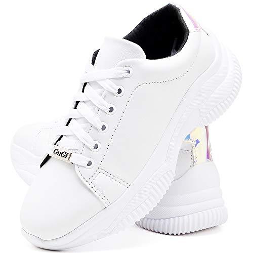 Tênis Feminino Casual Neon Caminhada Plataforma Sneaker Gugi Flatform Cor:Branco;Tamanho:37