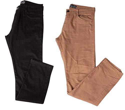 Kit com Duas Calças Masculinas Jeans e Sarja Coloridas com Lycra - Preta e Bege- 42
