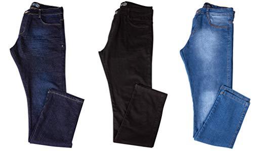 Kit com 3 Calças Jeans Sarja Masculina Skinny Slim com Lycra - Jeans Escuro, Preta e Claro - 46