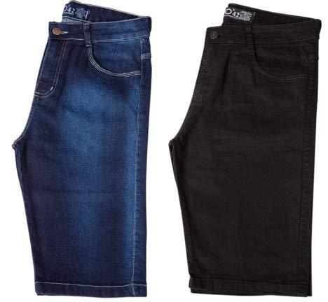 Kit c/ 2 Bermudas Masculinas Jeans e Sarja Coloridas com Lycra - Jeans Escuro e Preta - 42