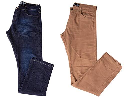 Kit com Duas Calças Masculinas Jeans e Sarja Coloridas com Lycra - Jeans Escuro e Bege - 48