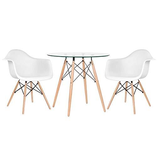 Kit - Mesa de vidro Eames 80 cm + 2 cadeiras Eames Daw branco
