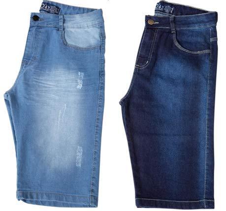 Kit c/ 2 Bermudas Masculinas Jeans e Sarja Coloridas com Lycra - Jeans Escuro e Claro - 46