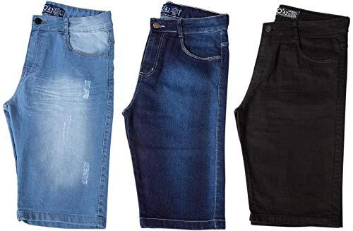 Kit com 3 Bermudas Masculinas Sarja Jeans Short Slim Lycra Brim - Preta, Jeans Claro e Jeans Escuro - 44
