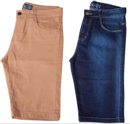 Kit c/ 2 Bermudas Masculinas Jeans e Sarja Coloridas com Lycra - Jeans Escuro e Bege - 46
