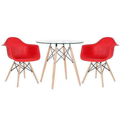 Kit - Mesa de vidro Eames 80 cm + 2 cadeiras Eames Daw vermelho