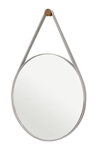 Espelho Tipo Adnet Redondo 50cm Diâmetro C/ Alça Couro Gelo