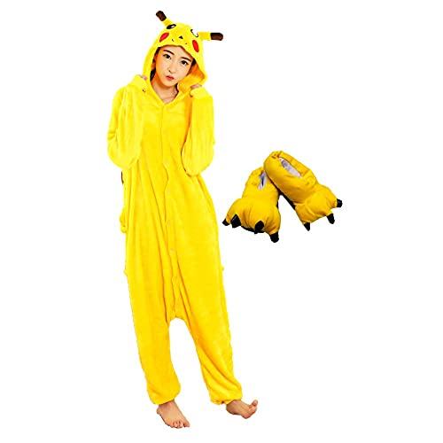 Kit Pijama Importado Pikachu e Pantufa Kigurumi Peludo Tamanho: G; Cor: Amarelo