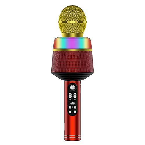 Tomshin Microfone de karaokê sem fio com luzes LED 2 em 1 portátil BT microfone alto-falante com suporte para cartão TF para dispositivos iOS/Android, vermelho