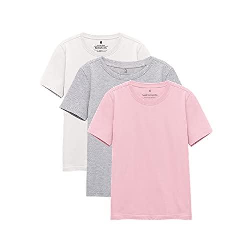 Kit 3 Camisetas Gola C Unissex; basicamente; Branco/Mescla Claro/Rosa Orquídea 6