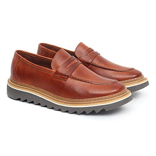 Sapato Oxford Masculino Loafer Tratorado Couro Liso cor:Marrom Claro;Tamanho:43