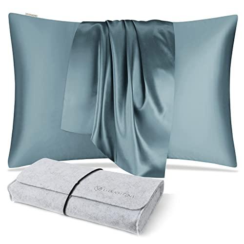 DISANGNI Capa de almofada de seda amoreira 100% natural para cabelo e pele com zíper oculto 22 Momme Both Sides Silk Bed Pillow Cover (azul cinza, padrão)