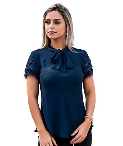 Blusa Feminina Social Moda Evangelica Detalhe Laço Renda (Azul Escuro, M)