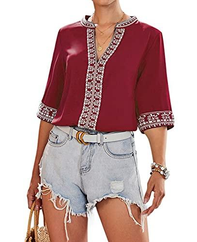 Cotrio Blusa feminina com decote em V Boho estampa bordada tops de camisa verão meia manga casual solta tamanho S vermelho